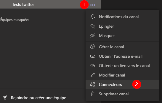 Tests twitter
Équipes masquées
Rejoindre ou créer une équipe
Notifications du canal
Épingler
Masquer
Gérer le canal
Obtenir l'adresse e-mail
Obtenir un lien vers le canal
64
Modifier canal
Connecteurs
Supprimer canal
2